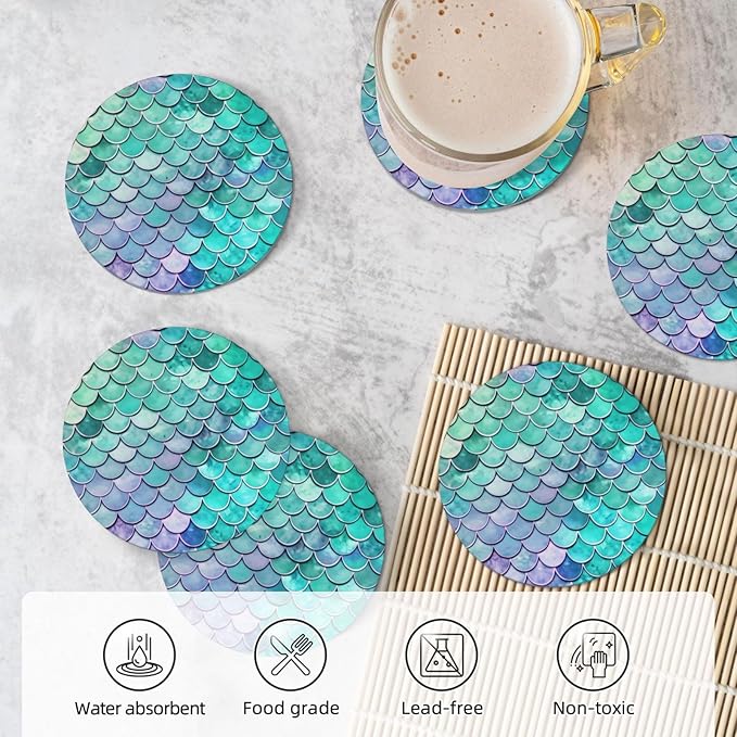 6 Pcs Ceramic Coasters with Holder Absorbent Drink Round Mermaid Fish Scales Design for Home Table Coffee Cup Wine Beer Bar,Size 4.4 inches