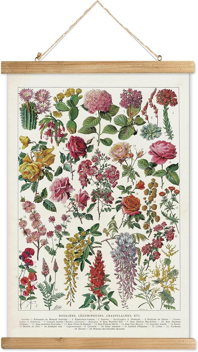 XIAOAIKA Vintage Wildflower Hanging Poster with Wooden Frame, Retro Style Wall Decor Art Painting, Patterns Printed on Linen Without Fading, Ready to Hang (20 x 30)