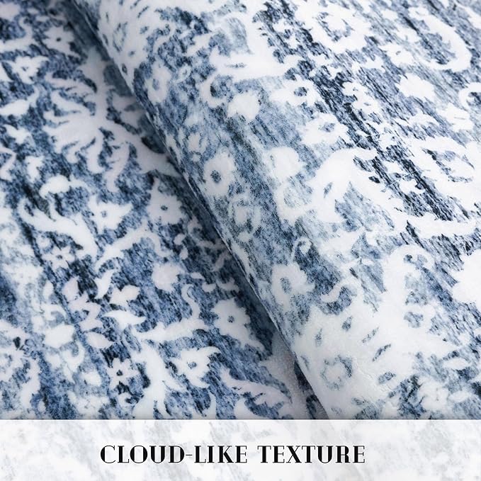 Runner Rug 2x10, Light Blue White Washable Long Hallway Rug Runner Non-Slip Soft Kitchen Runner Thin Printed Faux Wool Super Soft Carpet for Entryway Bedroom Laundry Room Indoor Home Decor