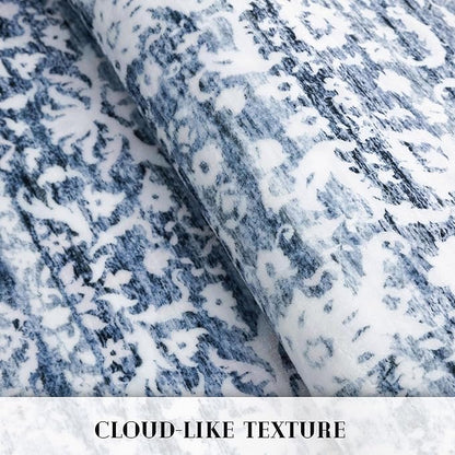 Runner Rug 2x10, Light Blue White Washable Long Hallway Rug Runner Non-Slip Soft Kitchen Runner Thin Printed Faux Wool Super Soft Carpet for Entryway Bedroom Laundry Room Indoor Home Decor
