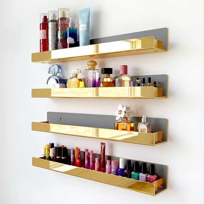4 Pack 15 Inch Gold Reflective Acrylic Shelves, Gold Foating Shelves, Modern Sunglasses Essential Oil Picture Ledge Display Toy Storage Shelf