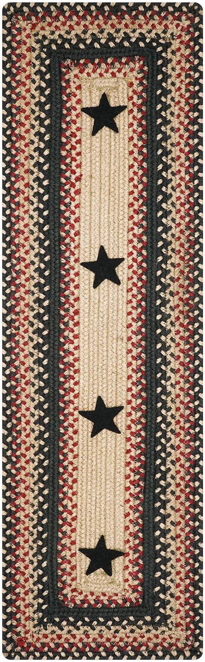 Homespice Primitive Star Gloucester Jute Braided Stair Tread, Warm Primitive Decor, Set of 13, Black and Red 8x28 Rectangle Rug for Stairs - Easy to Clean, Tightly Stitched and Durable