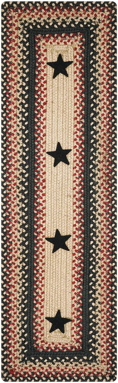 Homespice Primitive Star Gloucester Jute Braided Stair Tread, Warm Primitive Decor, Set of 13, Black and Red 8x28 Rectangle Rug for Stairs - Easy to Clean, Tightly Stitched and Durable