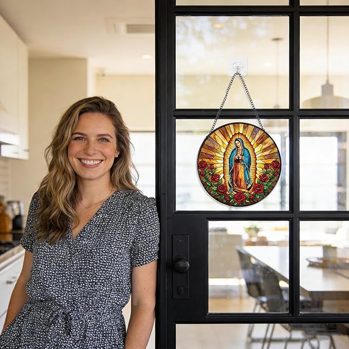 Rngmsi Virgen De Guadalupe Stained Glass Window Hanging, Christian Gifts Sun Catcher Housewarming, Decorative Suncatchers Religious Gifts for Wall Art Landscape Home Decor 8 Inch