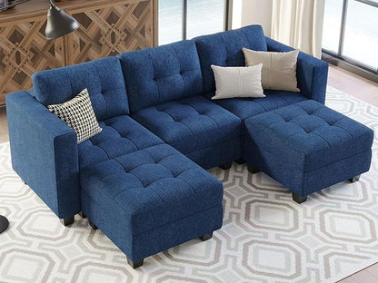 Belffin Modular Sectional Sofa Couch with Double Chaises U Shaped Sectional Sofa Modular with Storage Seat Modular Couch with Reversible Ottomans Blue