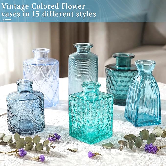 Set of 15 Blue Colored Glass Bud Vases - Small Textured Flower Vases for Centerpieces, Wedding Table Decor, Retro Home Decor Bulk Vase Set for DIY, Events & Gifts
