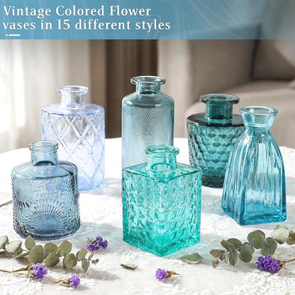 Set of 15 Blue Colored Glass Bud Vases - Small Textured Flower Vases for Centerpieces, Wedding Table Decor, Retro Home Decor Bulk Vase Set for DIY, Events & Gifts