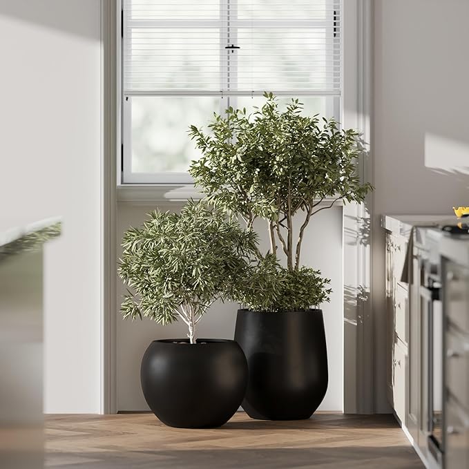 DTY Signature Mount Sherman Modern Indoor Outdoor Fiberstone Sphere Planter, Durable Round Garden Pot, Weather Resistant, Drainage Hole & Rubber Plug - Medium, Black