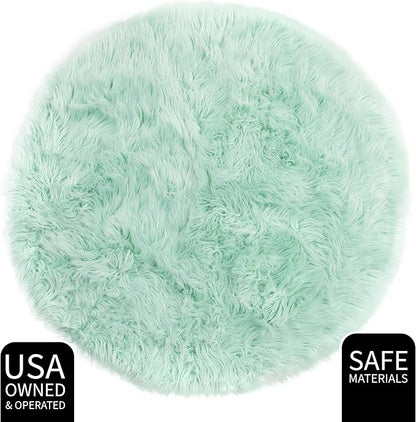 3 ft Round Fluffy Mint Green Rug – Plush Faux Fur Rug for Bedroom, Living Room, or Nursery – Cozy Faux Sheepskin Home Decor