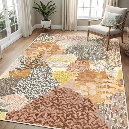 DEXDE Fall Washable Area Rug 3x5 for Living Room, Tropical Vintage Leaf Floral Rugs Non Slip Soft Kids Room,Abstract Small Boho Carpet for Bedroom, Entryway, Kitchen, Office Dining Room,Camel