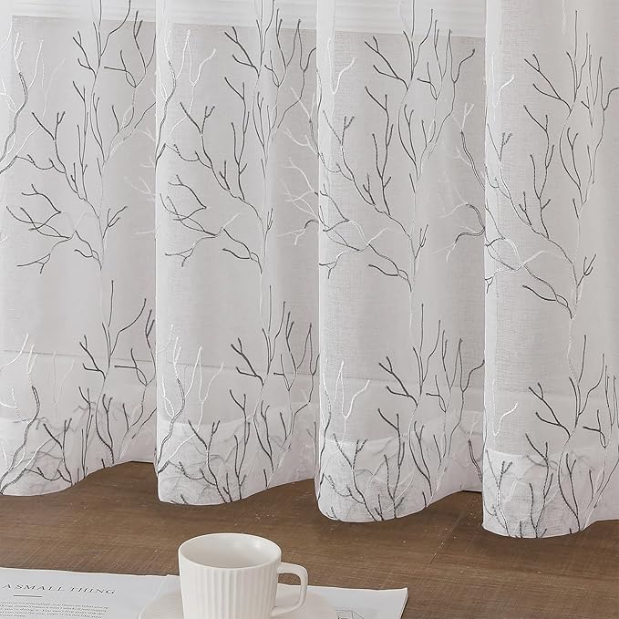 VISIONTEX White Sheer Curtains 108 inch Length 2 Panels Set Decorative Grey Coral Embroidery Rod Pocket Embroidered Semi Sheer Window Drapes for Living Room and Bedroom 54 x 108 Inches