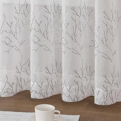 VISIONTEX White Sheer Curtains 108 inch Length 2 Panels Set Decorative Grey Coral Embroidery Rod Pocket Embroidered Semi Sheer Window Drapes for Living Room and Bedroom 54 x 108 Inches