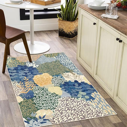DEXDE 2x3 Area Rug, Small Boho Rugs Entryway Doormat Indoor Machine Washable Non-Slip Abstract Botanical Leaves Floral Print Floor Carpet for Living Room, Bedroom, Office, Kids Playroom,Blue