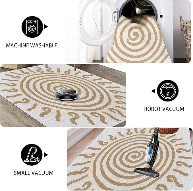 Boho Washable Rugs for Bedroom 8x10, Modern Sun Print Soft Minimalism Area Rug, Non Slip Low Pile Abstract Carpet for Classroom Living Room Decor Dining Room, Beige Yellow