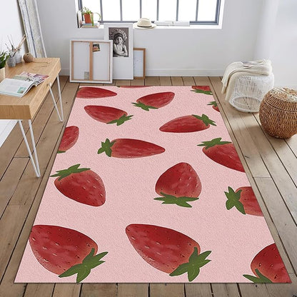 Strawberry Pink Fruit Area Rug, Cute Girl Non Slip Noise Reduction Kids Rugs, Machine Washable Durable Carpet for Indoor Bedroom Living Room Office Decor Rug - 4 ft x 5 ft