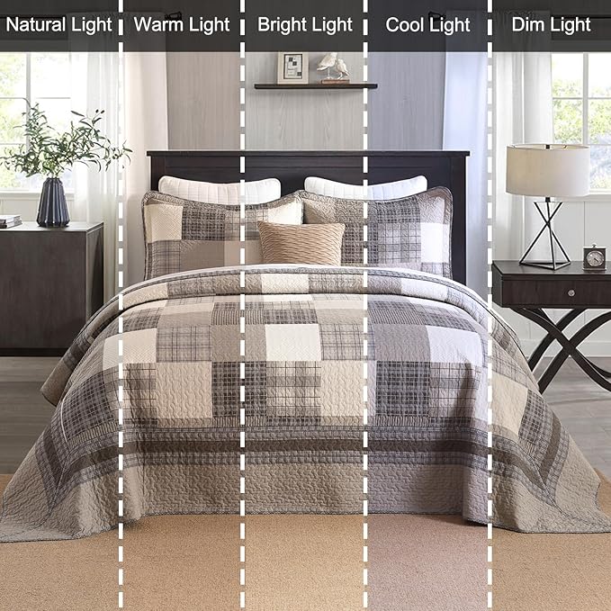 EWlinens 120"x102" Oversized Queen Bedspread - 100% Cotton Lightweight Queen Bedspreads Coverlet Set, Farmhouse Patchwork Plaid Reversible Quilts Bedding Set with 2 Pillow Shams, Brown/Beige/Khaki