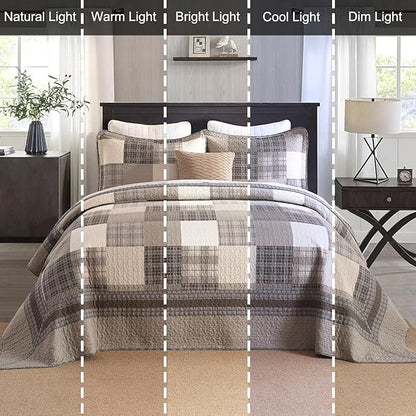 EWlinens 120"x102" Oversized Queen Bedspread - 100% Cotton Lightweight Queen Bedspreads Coverlet Set, Farmhouse Patchwork Plaid Reversible Quilts Bedding Set with 2 Pillow Shams, Brown/Beige/Khaki