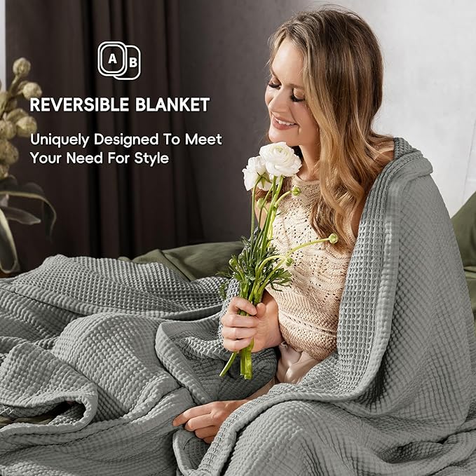 PHF 100% Cotton Waffle & Muslin Blanket King Size, Soft Breathable Luxury 400GSM Versatile Reversible Bedding for Bed, Great for Layering in Cold Weather, Home Decor Gift, 104" x 90", Frosted Grey