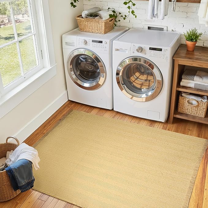 BESTSWEETIE 3x5 Washable Rug Hand-Woven Low Pile Soft Modern Farmhouse Bohemian Decor Reversible Braided Rugs with Tassels Throw Carpet for Living Room Bedroom Entryway Bathroom, Natural Jute
