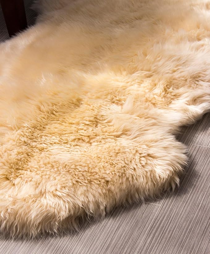 HUAHOO Premium Genuine Sheepskin Rug Beige Real Australia Sheepskin Natural Luxury Fluffy Lambskin Fur Area Rug Seat Covers for Kids Bedroom Sofa Chair Cover Pets Dogs Mat Double Pelt/2' x 3' Beige