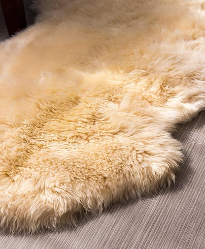 HUAHOO Premium Genuine Sheepskin Rug Beige Real Australia Sheepskin Natural Luxury Fluffy Lambskin Fur Area Rug Seat Covers for Kids Bedroom Sofa Chair Cover Pets Dogs Mat Double Pelt/2' x 3' Beige