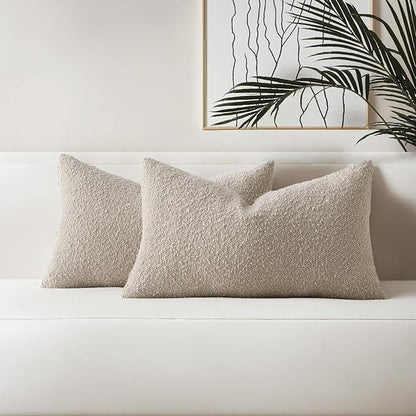 HAUSSY Set of 2 12x20 Decorative Throw Pillow Covers, Soft Cozy Textured Boucle Lumbar Pillow Cases, Home Decor for Couch Bed Living Room, Oatmeal