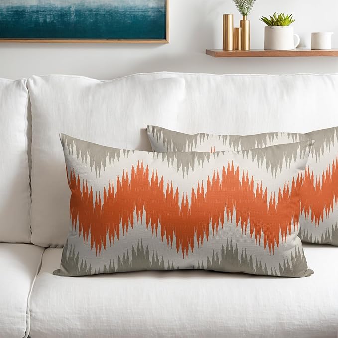 Fall Orange Grey Lumbar Pillow Covers 12x20 Set of 2 Abstract Chevron Striped Vitage Decorative Throw Pillows Outdoor Linen Farmhouse Pillowcase with Zipper Cushion Cover Decor for Home Sofa Couch Bed