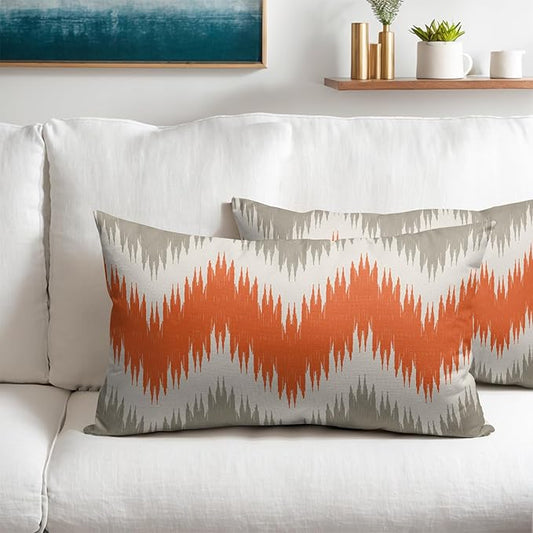 Fall Orange Grey Lumbar Pillow Covers 12x20 Set of 2 Abstract Chevron Striped Vitage Decorative Throw Pillows Outdoor Linen Farmhouse Pillowcase with Zipper Cushion Cover Decor for Home Sofa Couch Bed