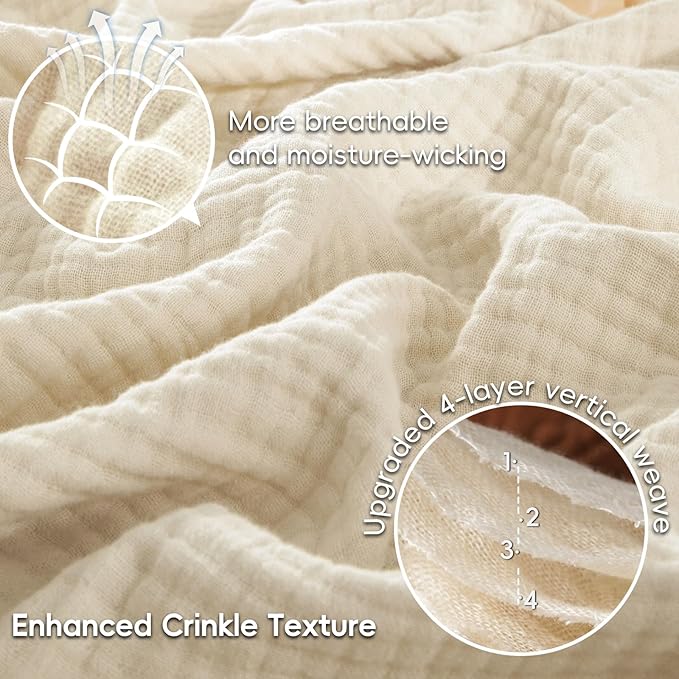 PHF 100% Cotton Muslin Blanket Twin XL Size 66"x90", 4-Layer Lightweight Gauze Throw, Breathable Cloud-Soft Minimalist Blanket for Bed, Couch, Camping & Baby, Beige/Short Bread, Ideal Gift