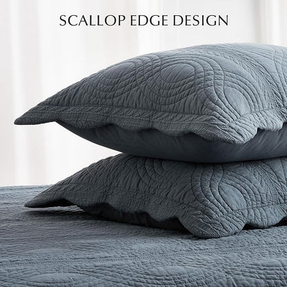 EVERGRACEHOME 100% Cotton Scallop Quilt Set, Queen Size 3 Piece Set – Lightweight Bedspread with 2 Shams, Soft Prewashed Matelasse Coverlet for Cozy and Elegant Bedding, Stormy Blue