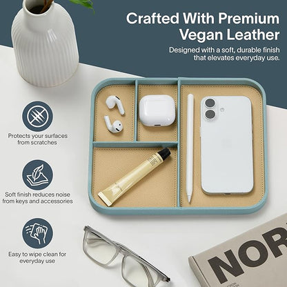 Nordik Leather Valet Tray - Seafoam Mist - 9.5 x 7.9 Inch Medium Vegan Leather Tray - Stylish Nightstand Organizer for Men - Modern Bedside Caddy - EDC Catchall for Key Watch Wallet Jewellery