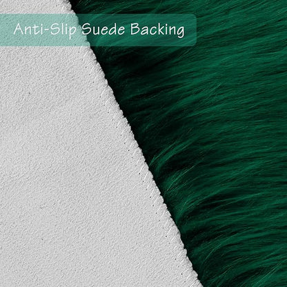 duduta Emerald Green Faux Fur Rug 3x5 ft, Fluffy Shag Rectangular Sheepskin Rug for Bedroom Nursery Living Room Dorm Washable
