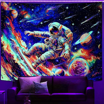 Haibimen Blacklight Astronaut Tapestry Wall Hanging Space Galaxy Travel Funny Surfering Tapestries for Bedroom Colorful Aesthetic Cool Wall Art for Guys Gamer Room Dorm Living Room (surf, 80''×60'')