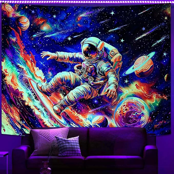 Haibimen Blacklight Astronaut Tapestry Wall Hanging Space Galaxy Travel Funny Surfering Tapestries for Bedroom Colorful Aesthetic Cool Wall Art for Guys Gamer Room Dorm Living Room (surf, 60''×44'')