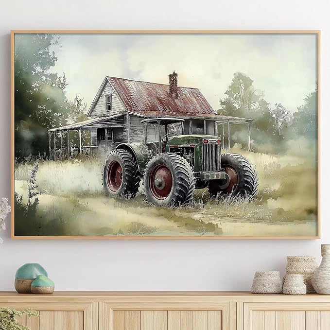 Vintage Tractor Pictures Farmhouse Truck Wall Art Rustic Farmhouse Painting Old Barn Posters Vintage Country Paintings Modern Farm Prints Green Tractor Pictures for Living Room 16x24in No Frame