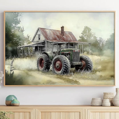 Vintage Tractor Pictures Farmhouse Truck Wall Art Rustic Farmhouse Painting Old Barn Posters Vintage Country Paintings Modern Farm Prints Green Tractor Pictures for Living Room 16x24in No Frame