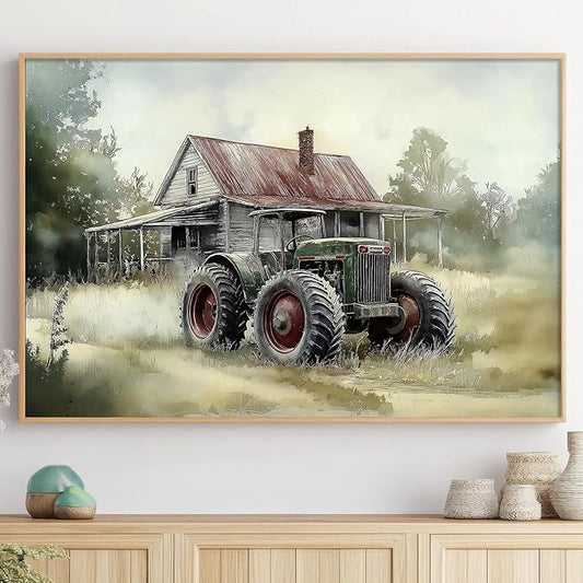 Vintage Tractor Pictures Farmhouse Truck Wall Art Rustic Farmhouse Painting Old Barn Posters Vintage Country Paintings Modern Farm Prints Green Tractor Pictures for Living Room 16x24in No Frame