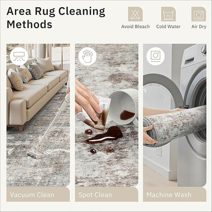 9x12 Area Rugs for Living Room, Non Slip Machine Washable Vintage Rugs, Low Pile Lightweight Large Rug for Bedroom, Dining Room, Home Office Grey Pink