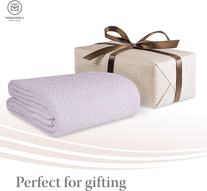 Threadmill Luxury Cotton Blankets for Twin Size Bed | All-Season 100% Cotton Twin Blanket for Bed | Herringbone Soft & Cozy Fall Thermal Blanket, 350GSM, 68x92 inches | Lilac