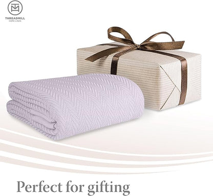 Threadmill Luxury Cotton Blankets for Twin Size Bed | All-Season 100% Cotton Twin Blanket for Bed | Herringbone Soft & Cozy Fall Thermal Blanket, 350GSM, 68x92 inches | Lilac