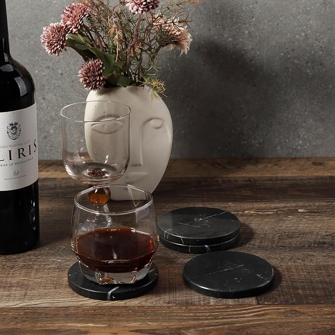Koville Marble Coaster Set of 4, Round Coasters, 4" Stone Coaster for Drinks Coffee, White Marble Coasters for Coffee Table Home Bar Decor, Heat Resistant, Gift Choice(Black)