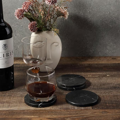 Koville Marble Coaster Set of 4, Round Coasters, 4" Stone Coaster for Drinks Coffee, White Marble Coasters for Coffee Table Home Bar Decor, Heat Resistant, Gift Choice(Black)