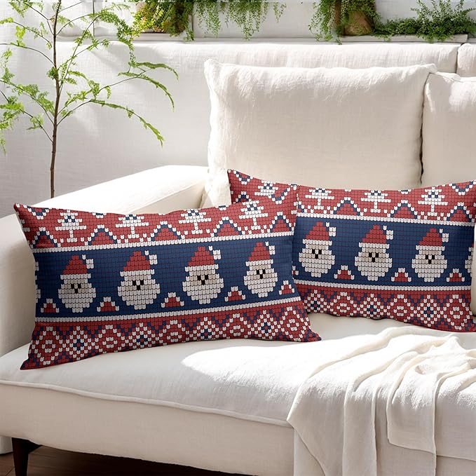 Dark Blue Red Christmas Lumbar Pillow Covers 12x20 Set of 2 Xmas Santa Tree Pattern Decorative Outdoor Farmhouse Pillowcases Decorations Winter Holiday Throw Cushion Cover Decor for Couch Sofa Bed