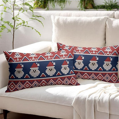 Dark Blue Red Christmas Lumbar Pillow Covers 12x20 Set of 2 Xmas Santa Tree Pattern Decorative Outdoor Farmhouse Pillowcases Decorations Winter Holiday Throw Cushion Cover Decor for Couch Sofa Bed