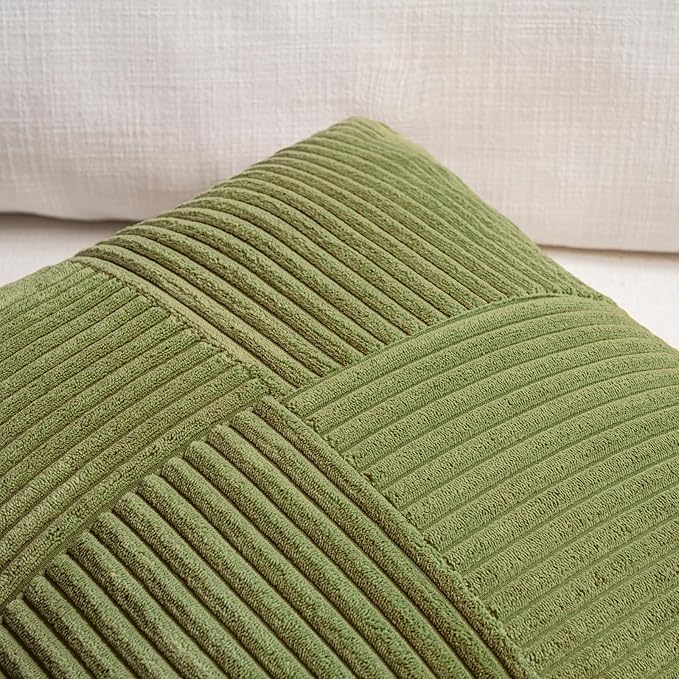 Fancy Homi 2 Packs Moss Green Lumbar Decorative Throw Pillow Covers 16x26 Inch for Living Room Couch Bed, Farmhouse Boho Home Decor, Soft Striped Corduroy Rectangle Accent Cushion Case 65x40 cm