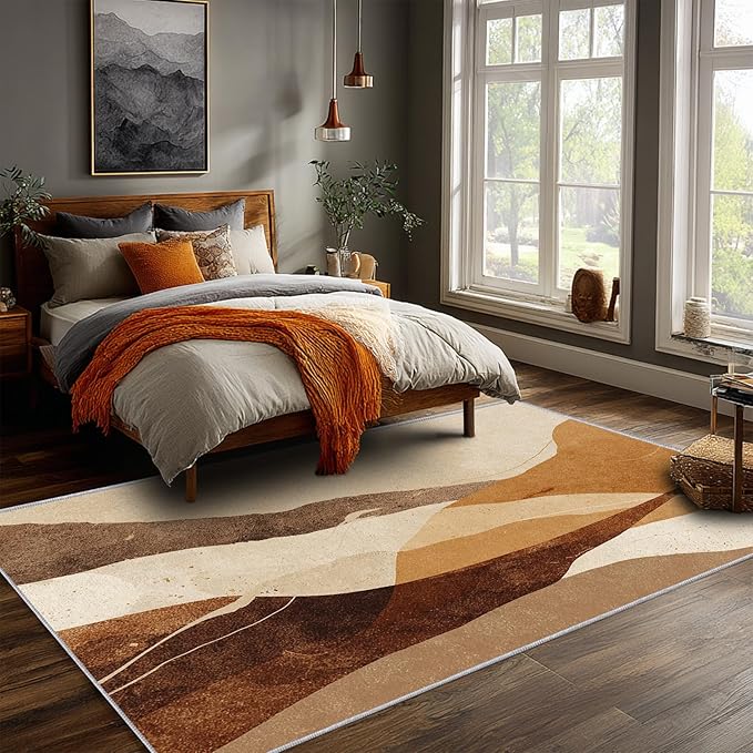 Boho Rug, Large 8x12 Area Rugs Abstract Rustic Textured Brown Pattern for Living Room, Bedroom, Boho Home Decor Accessories Indoor Carpet, Non Slip & Machine Washable