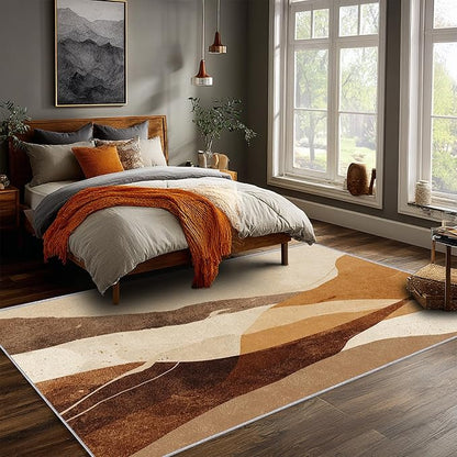 Boho Rug, Large 8x12 Area Rugs Abstract Rustic Textured Brown Pattern for Living Room, Bedroom, Boho Home Decor Accessories Indoor Carpet, Non Slip & Machine Washable