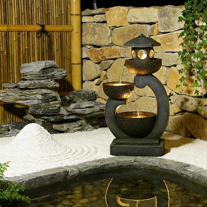35.24”H Zen Outdoor Water Fountain Garden, Japanese Lantern Multi-Tier Waterfall Fountain Water Feature with Lights for Patio, Garden & Porch