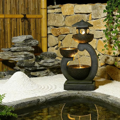 35.24”H Zen Outdoor Water Fountain Garden, Japanese Lantern Multi-Tier Waterfall Fountain Water Feature with Lights for Patio, Garden & Porch
