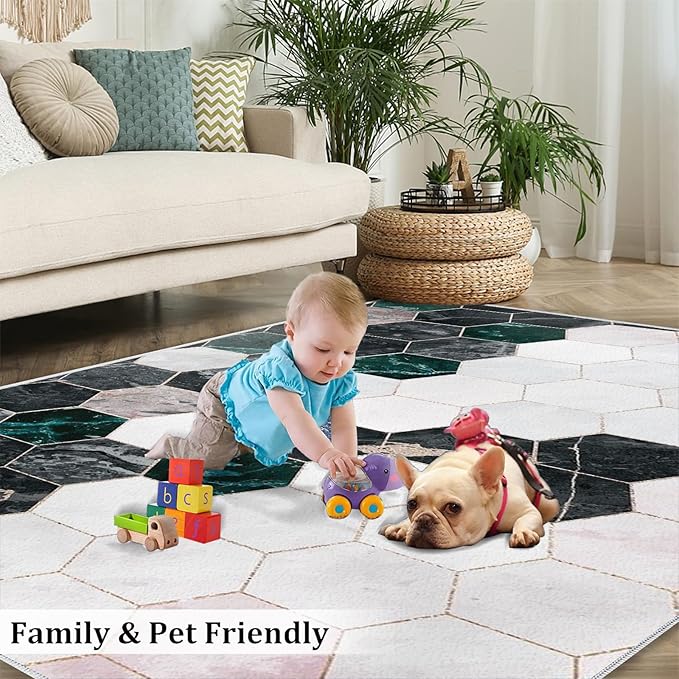 Pink White Black Geometric Honeycomb Area Rug, Abstract Light Luxury Golden Irregular Lines Print Rugs, Machine Washable Breathable Durable Carpet for Front Entrance Floor Decor,4 x 6ft